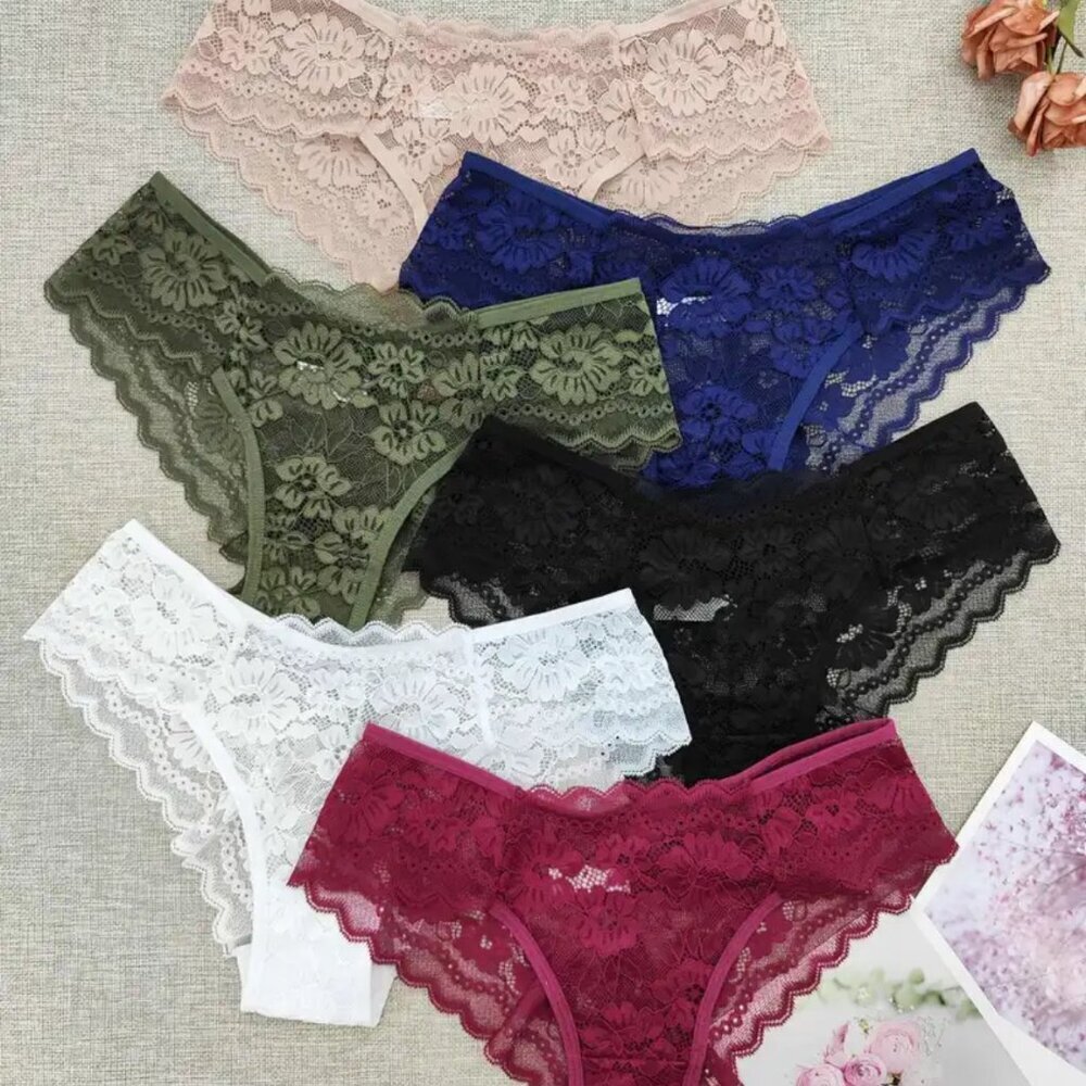 6 PAIR LACED FLORAL SEMI-SHEER LOW RISE BIKINI PANTIES SIZE 12 - Picture 2 of 6